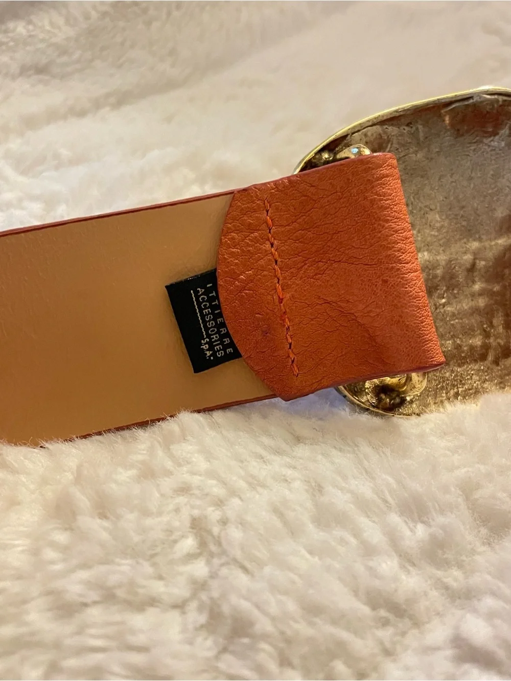 Just Cavalli Orange Leather Belt with Gold Crystal-Trimmed Shell Buckle